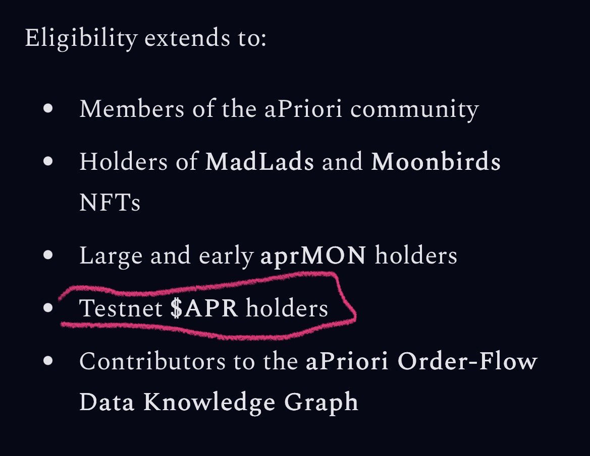 _gvan's tweet photo. how this looks:
> apriori dropped a testnet token
> bundles it and bought the entire supply
> sent it to a huge mcap so normal people can't buy much
> airdropped mainnet $APR to the holders of the testnet token

i'm not a blockchain researcher, but manually going through the top 500 addresses, all of them have similar activity, were created exactly 18 days ago, and were funded by the same address 0xF120007d00480034fAf40000e1727C7809734b20

you can go through the list of top holders' addresses yourself and judge if this looks legit or not

Hope aPriori addresses this soon