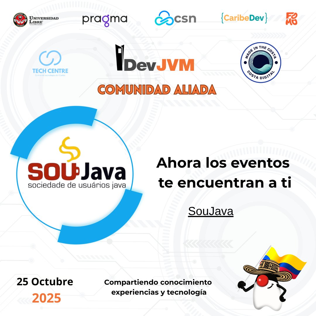 JUGBAQ's tweet image. 🚀 Comunidades Aliadas 🌎
🤝 Cali JUG 🇨🇴
🤝 SouJava 🇧🇷
🤝 GDL JUG 🇲🇽
Gracias por apoyar #DevJVM2025 y fortalecer el ecosistema Java en Latinoamérica 💻
📅 25 Oct – Barranquilla
🎟 holafomo.com
#TechLatam #JavaCommunity #JUGBAQ