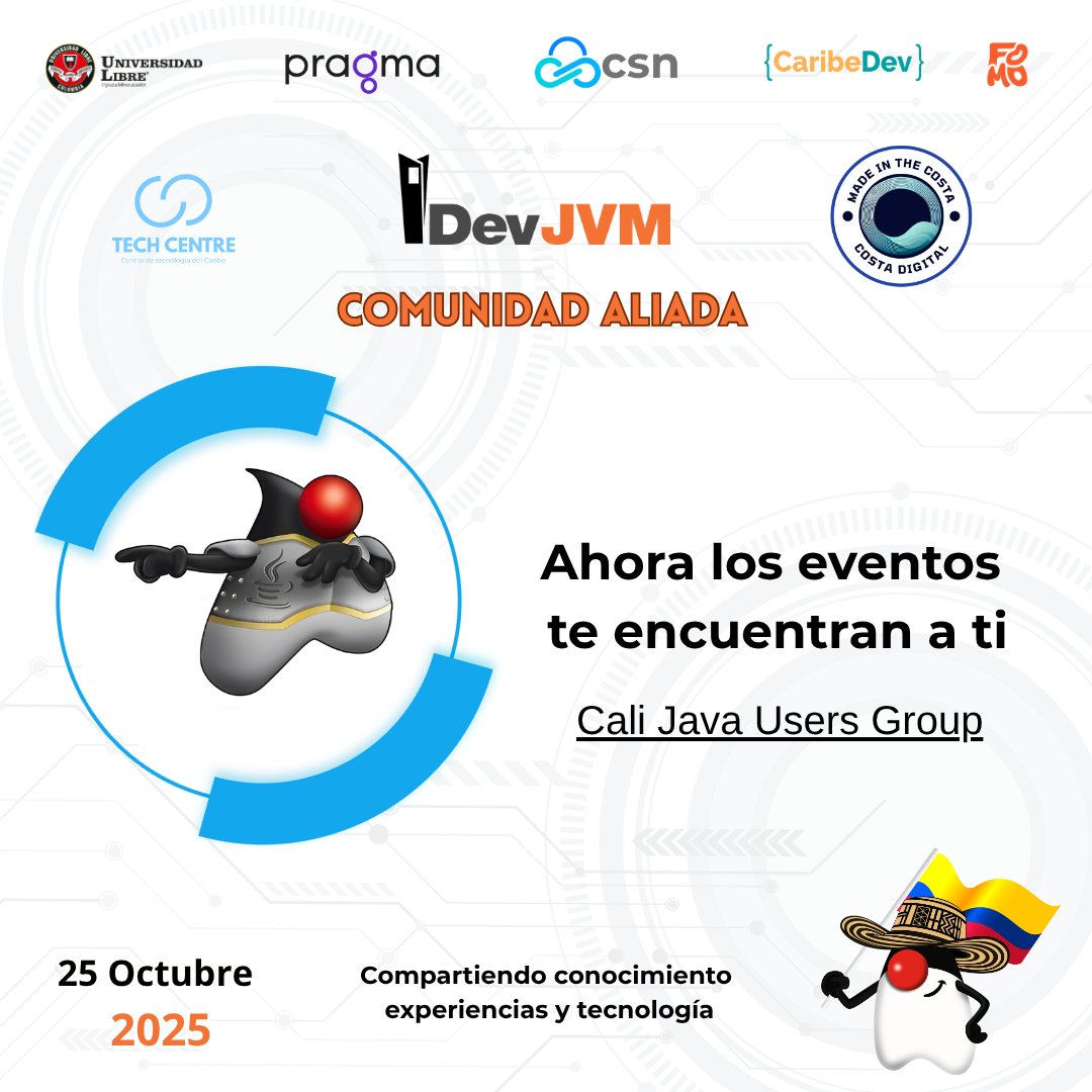 JUGBAQ's tweet image. 🚀 Comunidades Aliadas 🌎
🤝 Cali JUG 🇨🇴
🤝 SouJava 🇧🇷
🤝 GDL JUG 🇲🇽
Gracias por apoyar #DevJVM2025 y fortalecer el ecosistema Java en Latinoamérica 💻
📅 25 Oct – Barranquilla
🎟 holafomo.com
#TechLatam #JavaCommunity #JUGBAQ