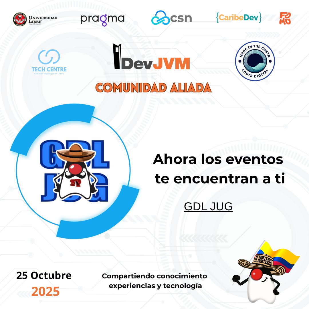 JUGBAQ's tweet image. 🚀 Comunidades Aliadas 🌎
🤝 Cali JUG 🇨🇴
🤝 SouJava 🇧🇷
🤝 GDL JUG 🇲🇽
Gracias por apoyar #DevJVM2025 y fortalecer el ecosistema Java en Latinoamérica 💻
📅 25 Oct – Barranquilla
🎟 holafomo.com
#TechLatam #JavaCommunity #JUGBAQ