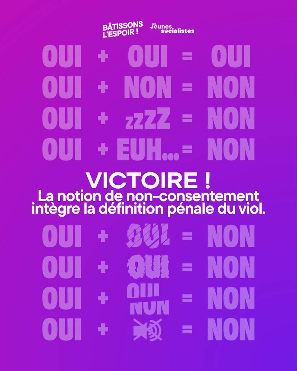 🟣 Victoire !

L’Assemblée nationale a adoptée, malgré l’opposition du RN, une définition pénale du viol intégrant la notion de non-consentement : c’est une avancée majeure dans la lutte contre les VSS !

Jeunes socialistes donc féministes, notre combat pour la justice continue !