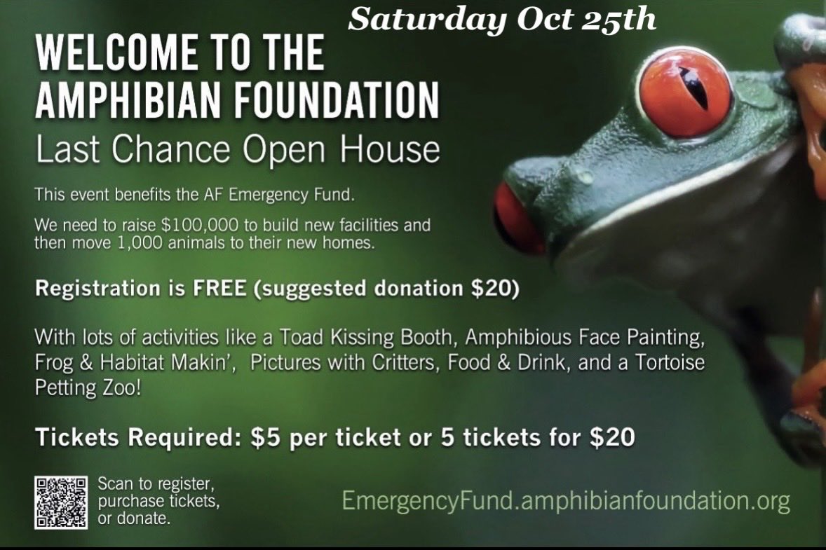 The <a href="/amphibianfound/">Amphibian Foundation</a> Last Chance Open House is this Saturday (Oct 25th) in Atlanta! Meet all the animals before they move to their new home! Register here!
You can also donate directly, sponsor a critter or help out on moving day! 🐸
amphibianfoundation.org/index.php/dona…