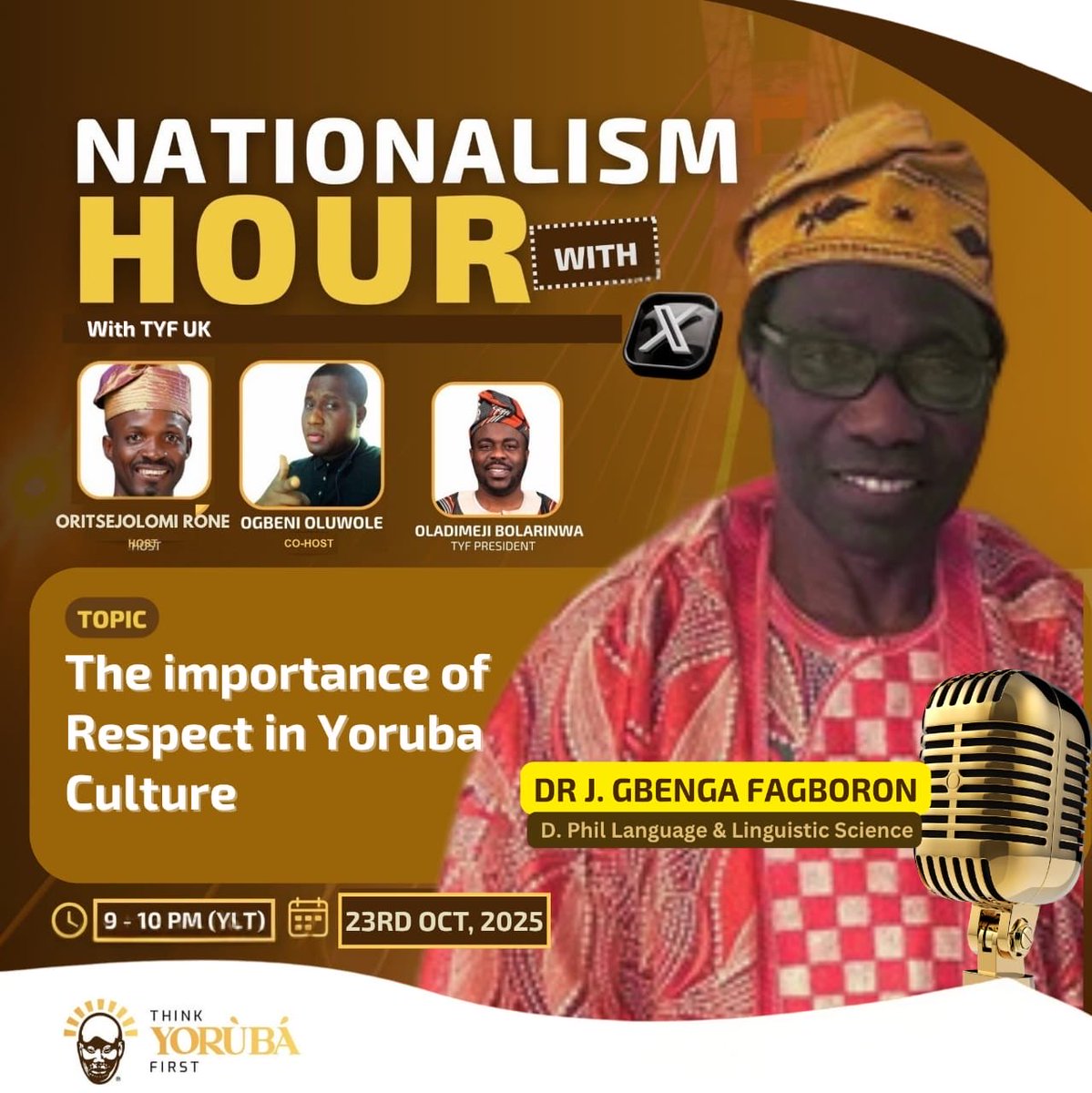 Join us tonight on Nationalism Hour at 9PM YLT 🌍

Topic: The Importance of Respect in Yoruba Culture

Respect lies at the very heart of Yoruba identity. It shapes how we greet, speak, lead, and live together as a people. But in today’s changing world, is this sacred value fading