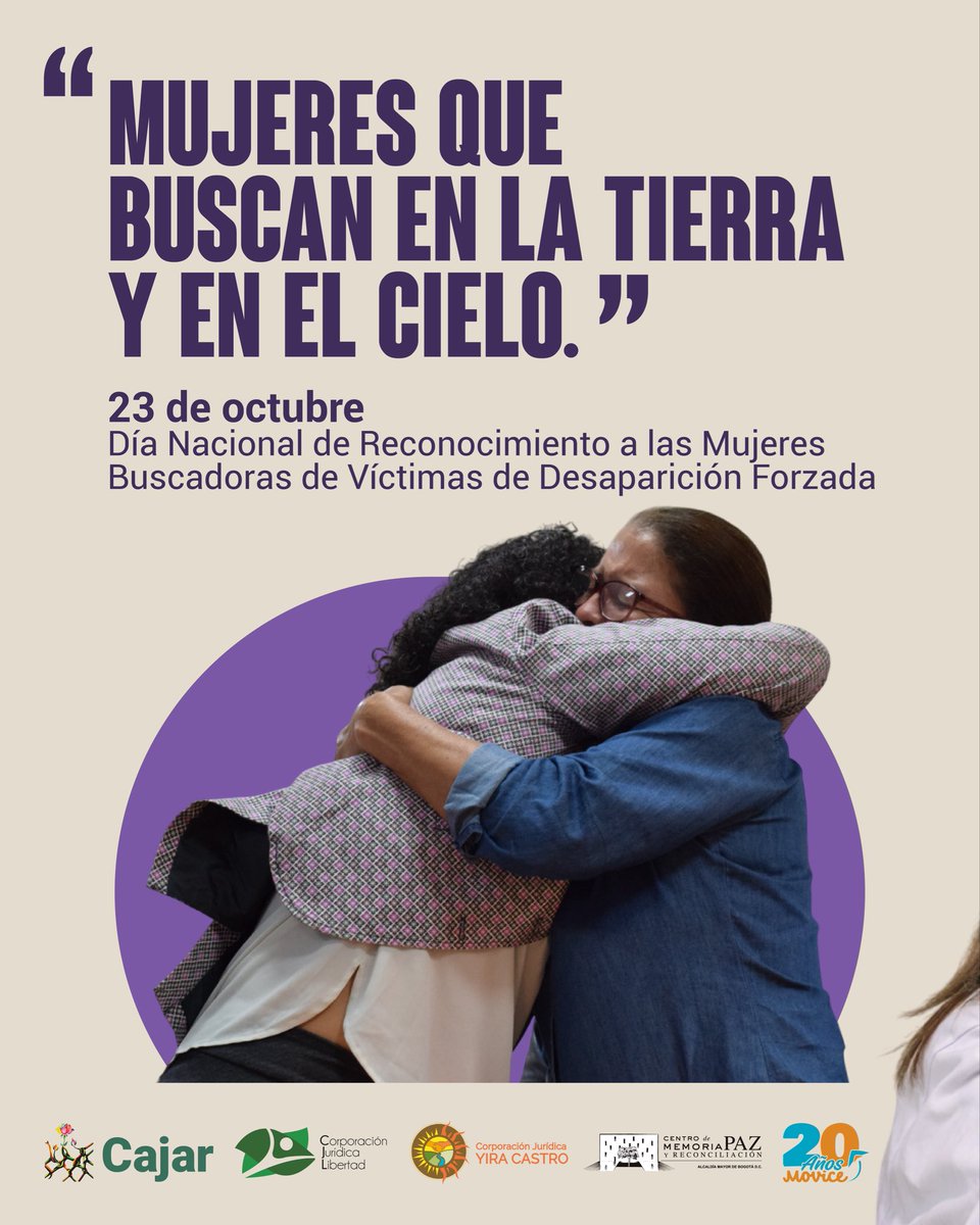 Movicecol's tweet photo. Hoy, 23 de octubre, conmemoramos el Día Nacional de Reconocimiento a las Mujeres Buscadoras de Víctimas de Desaparición Forzada.
Ellas han hecho de la búsqueda un acto político y del amor una fuerza de resistencia. 💜 https://t.co/ObiSGzsKRY
