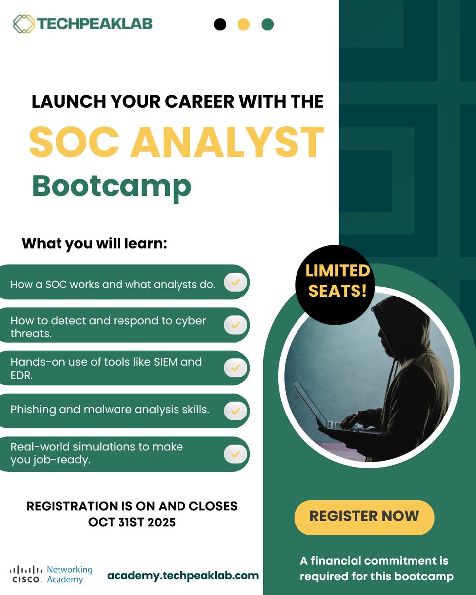TechPeakLab's tweet image. Cybersecurity isn’t mastered overnight
It takes consistency, curiosity, and the right guidance

Immersing yourself in this bootcamp will do you lot of good. You will learn how a SOC works, analyze real threats, and grow into a confident analyst

Register: academy.techpeaklab.com