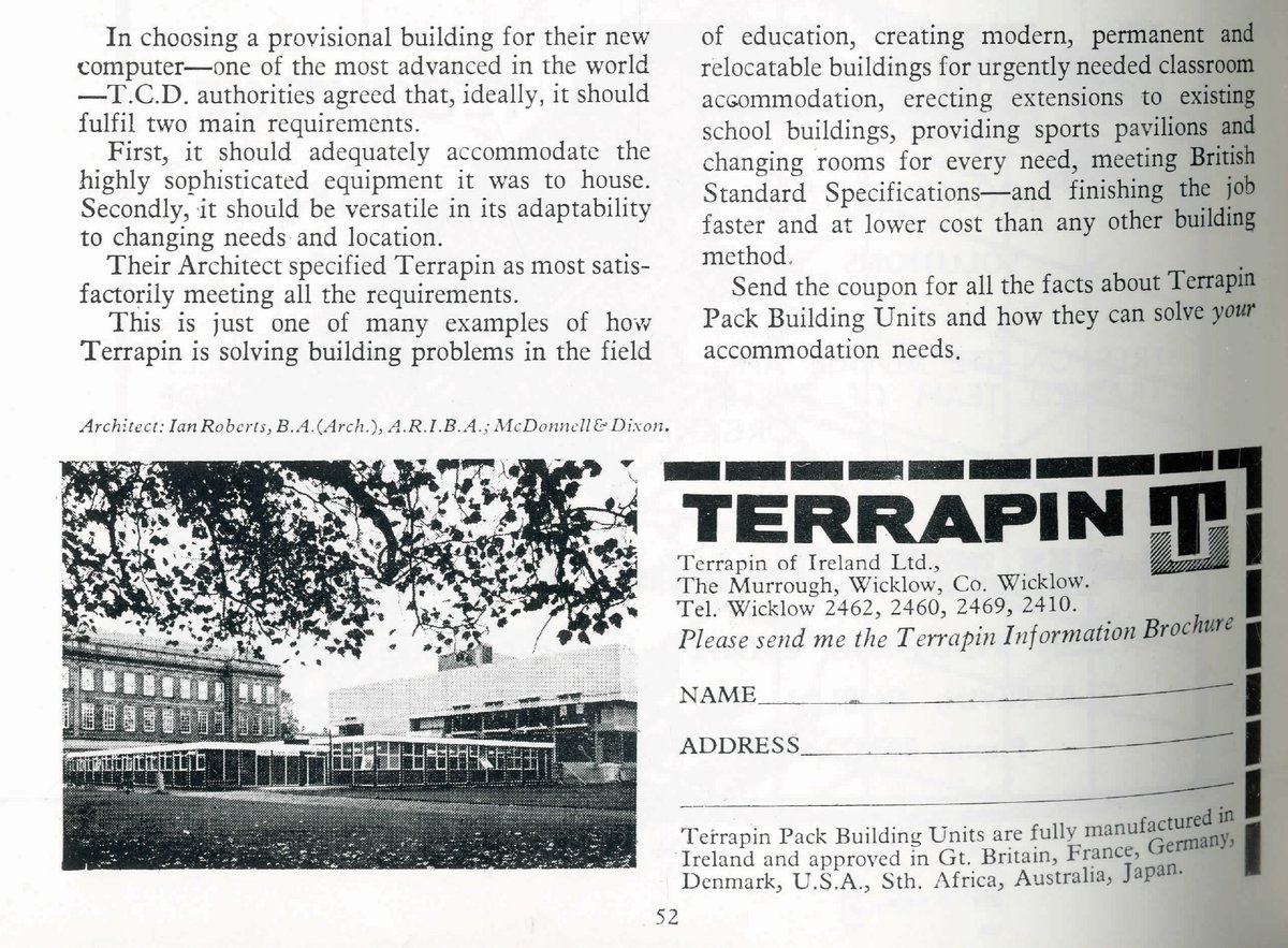 Temporary computer building Trinity <a href="/tcddublin/">Trinity College Dublin</a>  1969 #Dublin