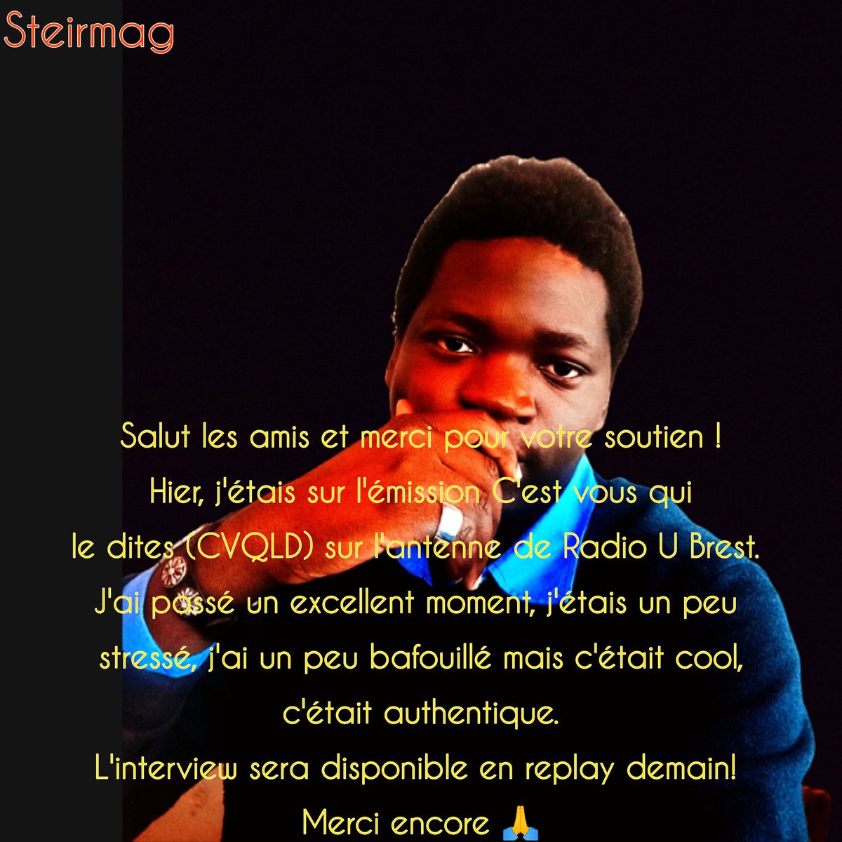 steirmag's tweet photo. C'était le feu 🔥 sur Radio U Brest hier !
Petit stress, grande authenticité. Merci pour les ondes positives !
🎧 Le replay arrive demain. Ne le manquez pas ! @steirmag
#RadioU #Brest #Steirmag #RadioUBrest #CVQLD #Interview #Musique #PopFrance #afromusic #Afropopfrance #Merci https://t.co/x1OB8xLw8I