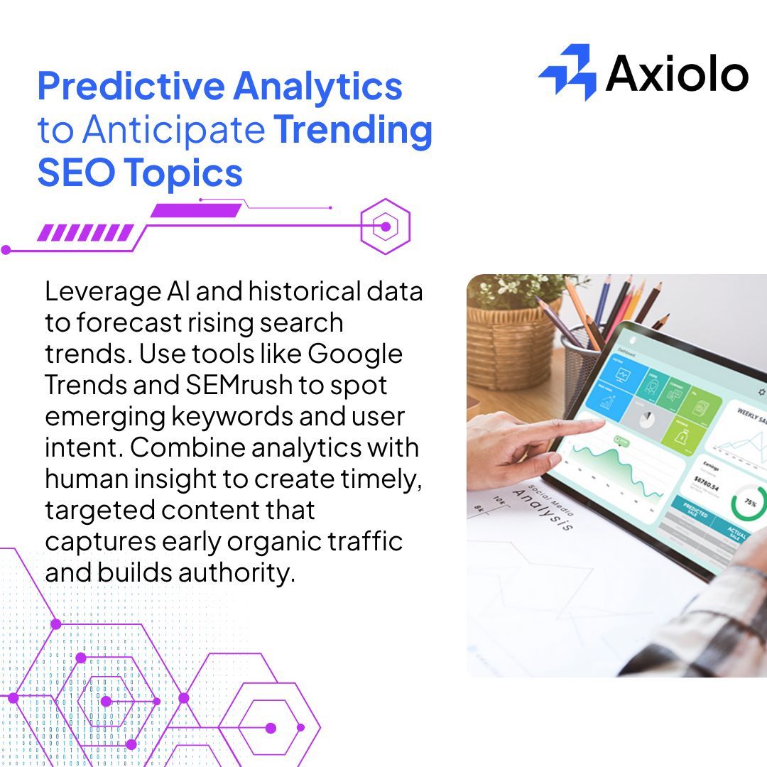 Axiolomkt's tweet image. 📊 Predict SEO trends before they hit! Use predictive analytics: analyze historical data, monitor competitors, forecast topics, and align content calendars. Stay flexible, act early, capture traffic & authority. 🚀 #SEO #PredictiveAnalytics #ContentStrategy #DigitalMarketing