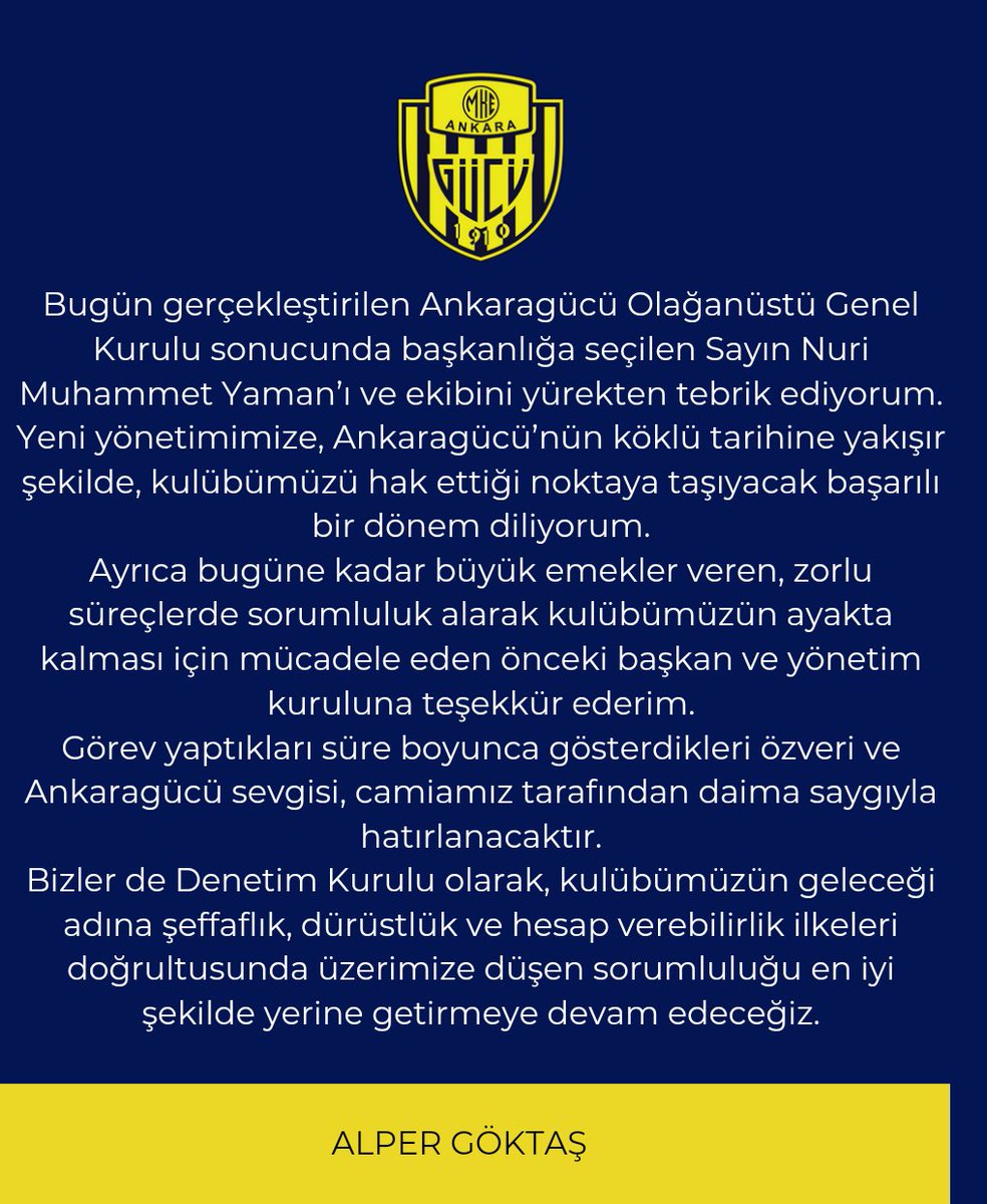 Yeni seçilen Ankaragücü Başkanı Nuri Muhammet Yaman’ı tebrik eder, camiamıza hayırlı olmasını dilerim. 💛💙
<a href="/Ankaragucu/">MKE Ankaragücü</a>