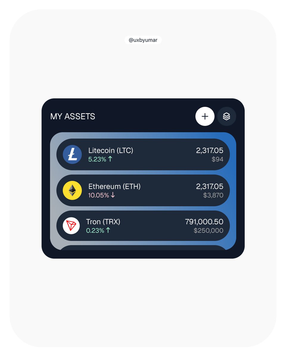 Found this design on Pinterest and decided to redesign it. The original had stacked cards showing how much of each asset you have. Now, users see a list with relevant info by default, with an option to switch back to the card view. Let me know what you think.
