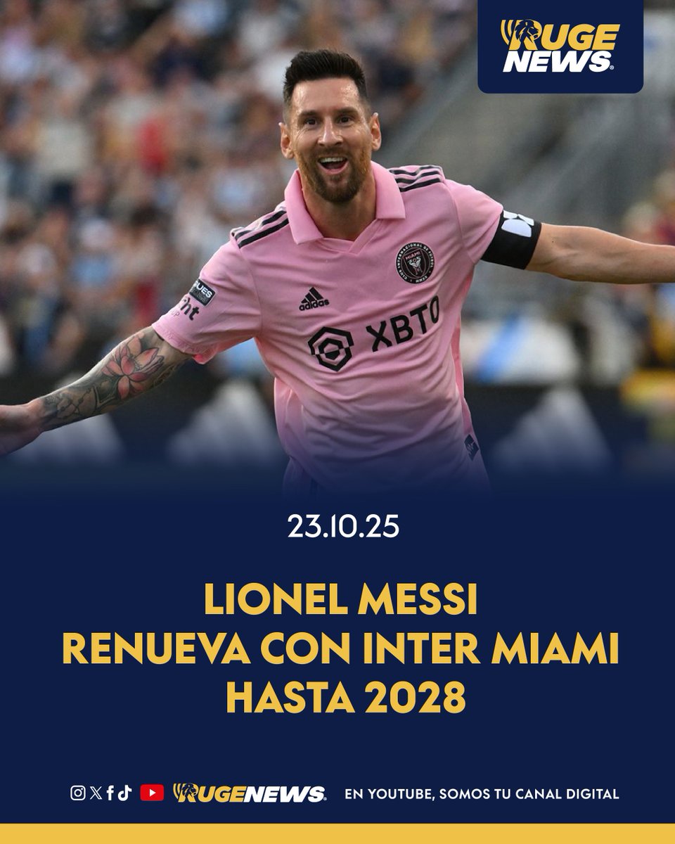 RugeTV1's tweet photo. 🔟✨ EL MEJOR JUGADOR DEL MUNDO RENUEVA ✨🔟

Lionel Messi, el mejor jugador de la historia del fútbol, renovó oficialmente su contrato con Inter Miami hasta 2028.
La ‘Pulga’, ocho veces ganador del Balón de Oro, seguirá brillando en la MLS y estará en activo durante el Mundial 2026. 🌍⚽
A sus 38 años, el astro argentino continúa rompiendo récords, marcando goles y demostrando que su talento no tiene fecha de caducidad. 👑

#Messi #GOAT #InterMiami #MLS #Fútbol #LeyendaViva #ElMejorDelMundo #Messi2028 #FútbolEterno