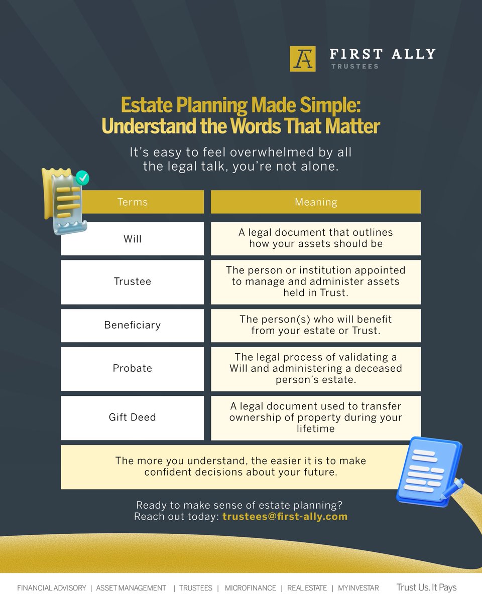 Let us be honest, estate planning can feel intimidating. Many people delay it because the terms feel overwhelming but understanding a few key concepts is the first step to securing your legacy. Wills, Trustees, Probate, Beneficiaries. It all sounds like something only Lawyers