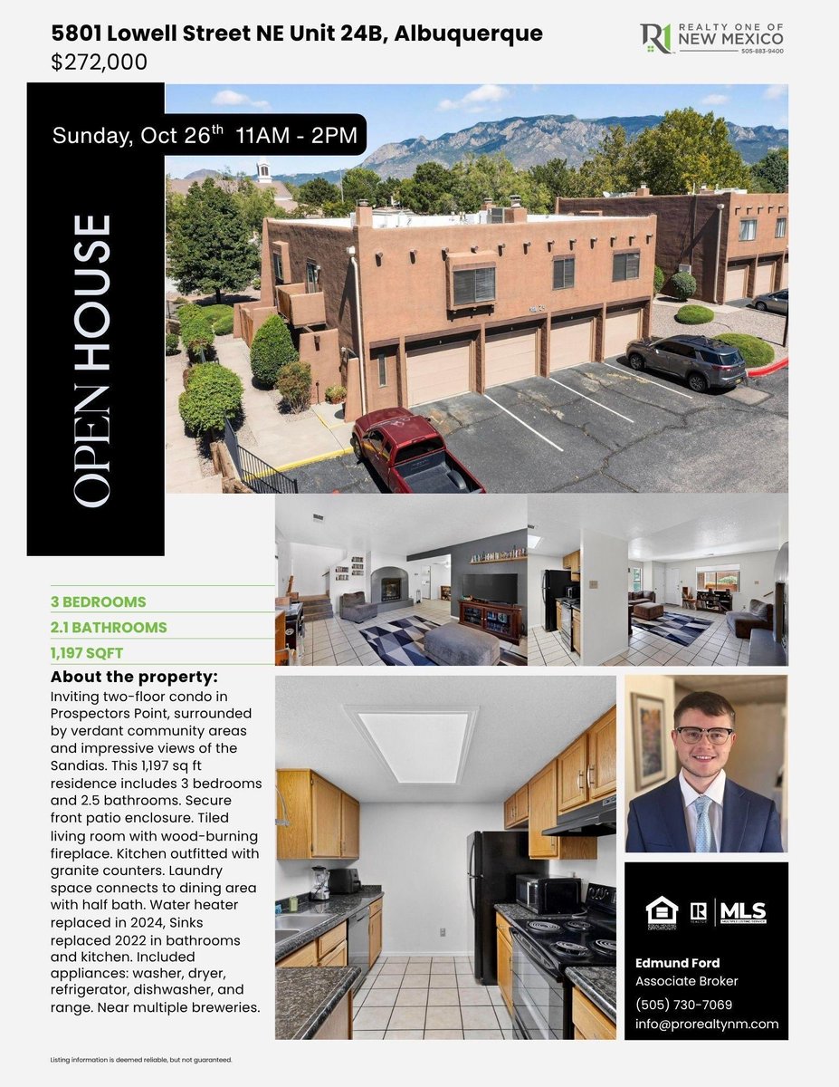 Open House Invitation! Come tour this Far NE Heights 3BD/2.1BA condo at 5801 Lowell Street NE Unit 24B, Albuquerque! Sunday, October 26th, 11AM - 2PM. Huge Price Improvement: Now $272,000!  Featuring Sandia views, a secure front patio, wood-burning fireplace, and recent updates