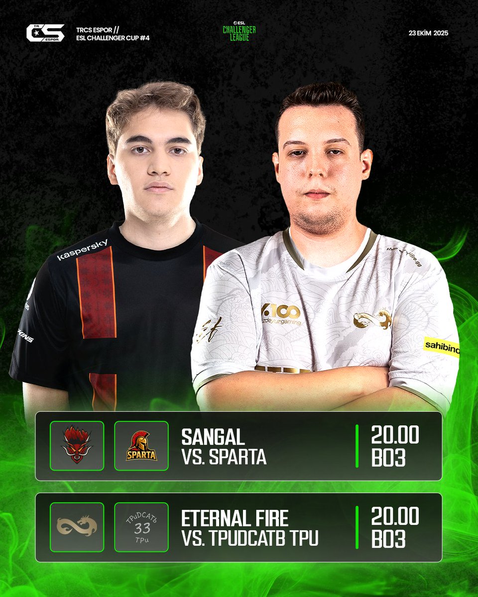 trcsespor's tweet image. 🔥 Temsilcilerimiz Eternal Fire ve Sangal, ESL Challenger League Cup #4'te ilk maçlarına çıkıyorlar!
🗺️ BO3
🕞 20:00
📺 twitch.tv/sangalgg (Sangal)
📺 kick.com/ismetsener (Eternal Fire)
📺 twitch.tv/arhavalcom (Eternal Fire)
📺 youtube.com/@arhaval (Eternal Fire)