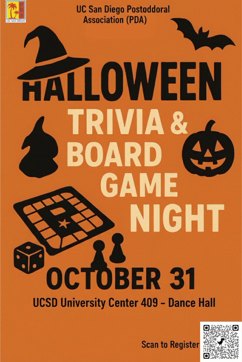 UCSDPDA's tweet image. PDA Halloween Trivia &amp;amp; Board Game Night. Join us for a spooky and fun evening with Halloween vibes and board games! RVSP: buff.ly/q81SMNm 
Date: Friday, October 31, 2025 
Time: 5:00 PM to 7:00 PM
Location: University Center 409 Dance Hall
We’ll have: Board games &amp;amp; trivia