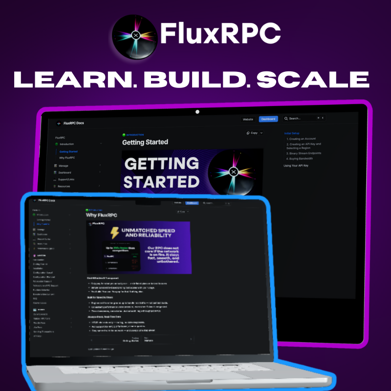 FluxRPC 문서 스크린샷(시작 가이드 및 주요 기능)