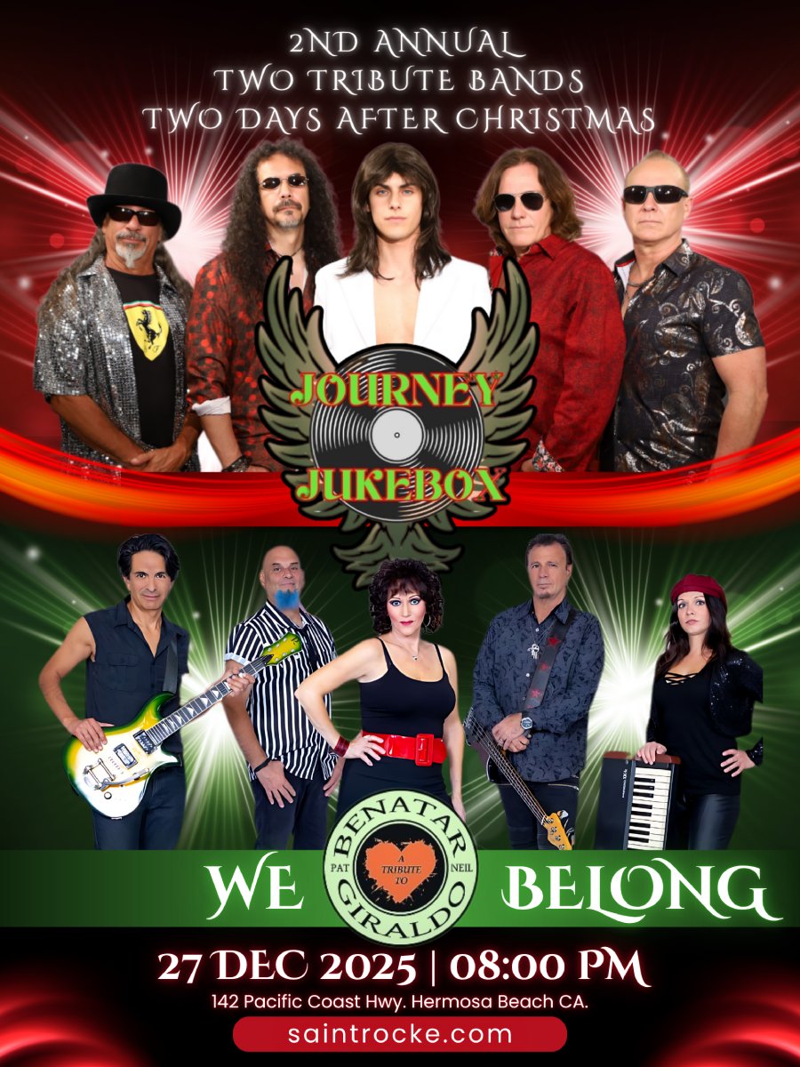 SaintRocke's tweet photo. *NEW SHOW* On 12/27, get ready for a night of classic rock! Journey Jukebox with We Belong are delivering the original, powerhouse sounds of Journey and Pat Benatar! 🎸

Doors open at 7PM, show starts at 8PM.

Grab your on-sale tickets today 👉 https://t.co/62UcuSM8Cp https://t.co/i89FvahTTE