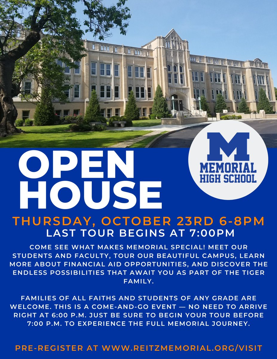 🐯 Open House Tomorrow at Reitz Memorial High School!

✨ Date: Thursday, October 23, 2025
🕕 Time: 6:00–8:00 p.m. (Last tour begins at 7:00 p.m.)
📍 Location: Reitz Memorial High School
Discover What Memorial Has to Offer!
Meet our students and faculty, tour our beautiful