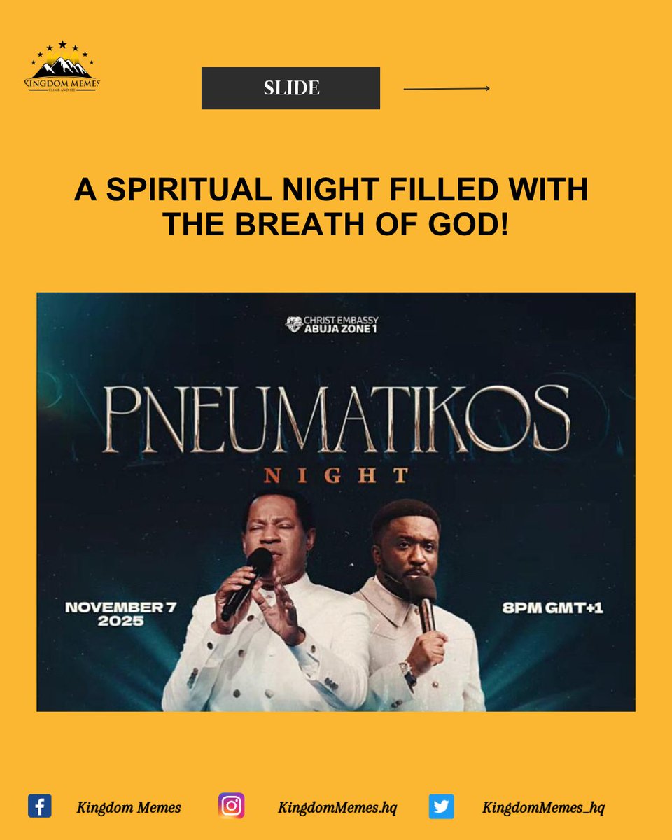 KingdomMemes_hq's tweet image. Something extraordinary is happening in Abuja this November 7th. It’s more than a gathering — it’s a divine encounter!

Register Now pneumatikosnight.com/register/

Chat or call 08144788622 or 09071258889

#PneumatikosNight #CEAbujaZone1 #PastorEnoch #PastorEnochMessages #Christembassy