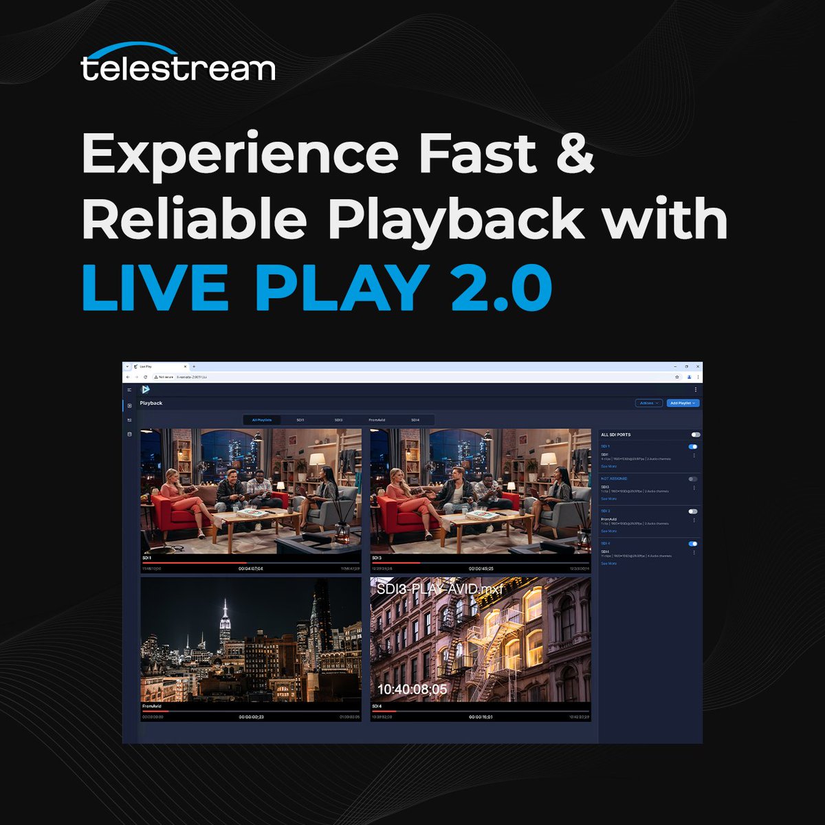 Telestream's tweet image. Introducing Live Play - the ultimate video playback solution for media production! 🎥

With support for major formats &amp;amp; Avid Media Composer integration via Send to Playback, it&apos;s perfect for live environments. Contact us: bit.ly/4hT9w4c 

#Telestream #LivePlay #Broadcast…