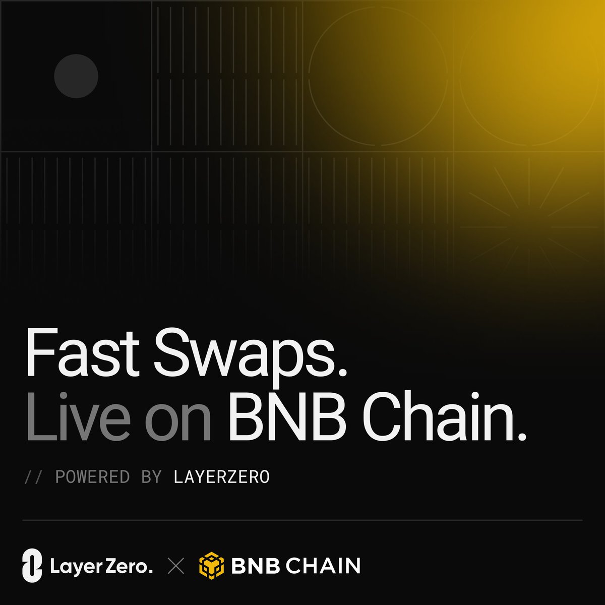 LayerZero_Core's tweet image. Fast Swaps, now live on BNB Chain.
Quicker, cheaper, gasless, borderless.
The fastest way to swap tokens.