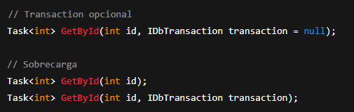 monokai_dev's tweet image. Em termos de boas práticas:
é melhor ter um único método com um parâmetro transaction opcional, ou criar uma sobrecarga específica (com e sem transaction)?
ps: é uma questão de opinião ou certo e errado?
