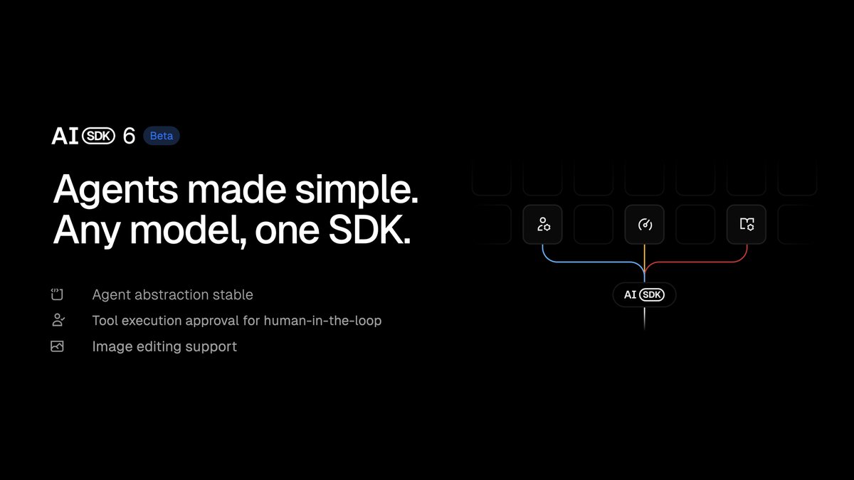 aisdk's tweet image. We&apos;re excited to give you an early look at AI SDK 6, available in beta today.