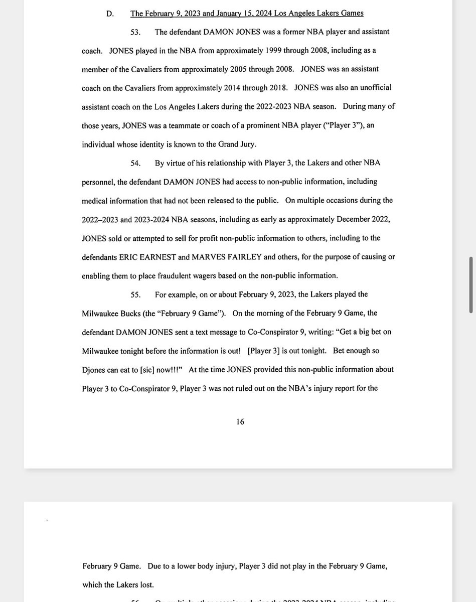 SIChrisMannix's tweet image. Per the indictment, Damon Jones allegedly revealed information about a prominent player Jones has played or coached with missing a Lakers-Bucks game in 2023. LeBron James, who Jones played with and coached in Cleveland, sat out the game