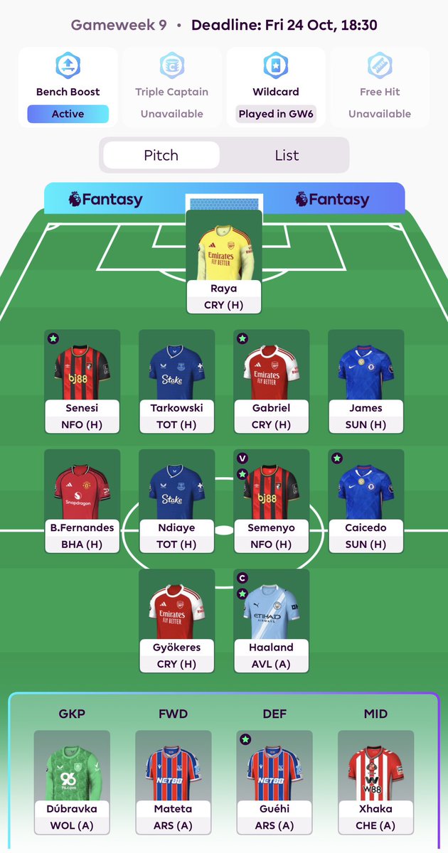 djwareham89's tweet photo. @GoldenGoalFF Made three transfers this week. Would recommend the bench boost (currently in play for GW9). https://t.co/jE0giJSQec