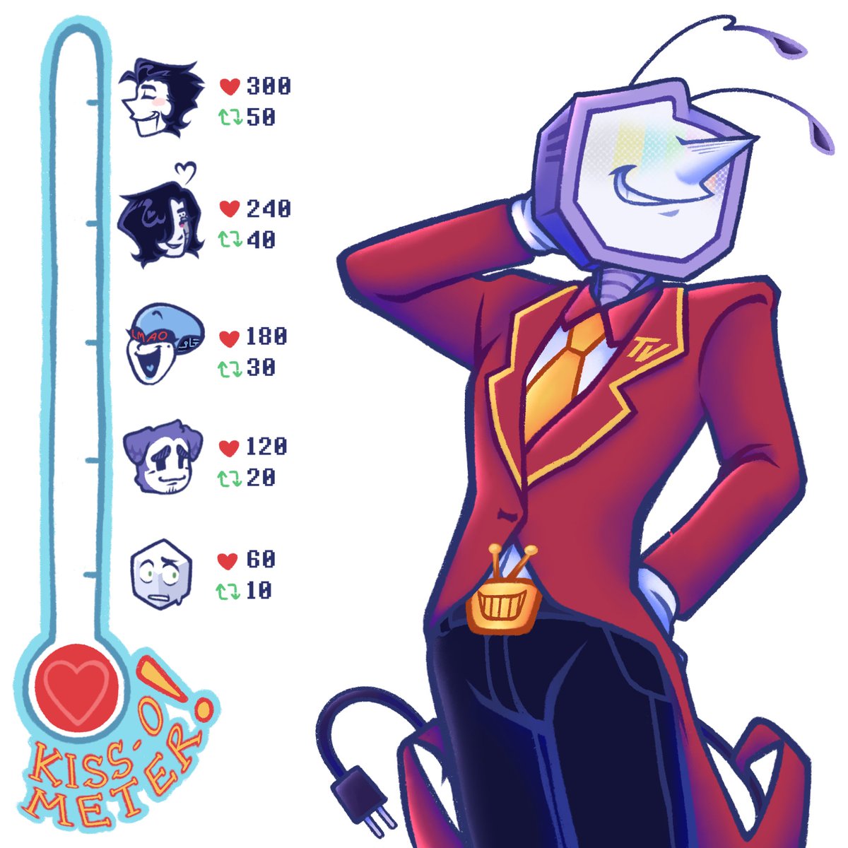 ChaoticSoph's tweet image. #Tenna Kiss-O-Meter Time‼️

First up is #Battat at 60 likes and 10 reposts!

Yes I’m setting the bar low because if this flops I will cry in embarrassment.
Yes I can totally do this in tandem with SpamTennatober it’s almost reading week anyways 😁😁😁

#Deltarune #Battenna