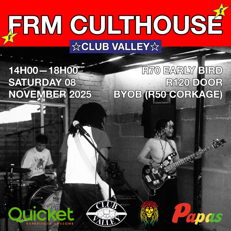 Club Valley 🎸 are Johannesburg’s own indie rock band—featured in our 1st zine and headlining the FRM launch.

Catch the inventors of Jozigaze live on Saturday, 8 November (14h00–18h00) at Smokey Dreamz, Blairgowrie.

Book your Early Bird 🎟 Tickets: quicket.co.za/events/340257-…