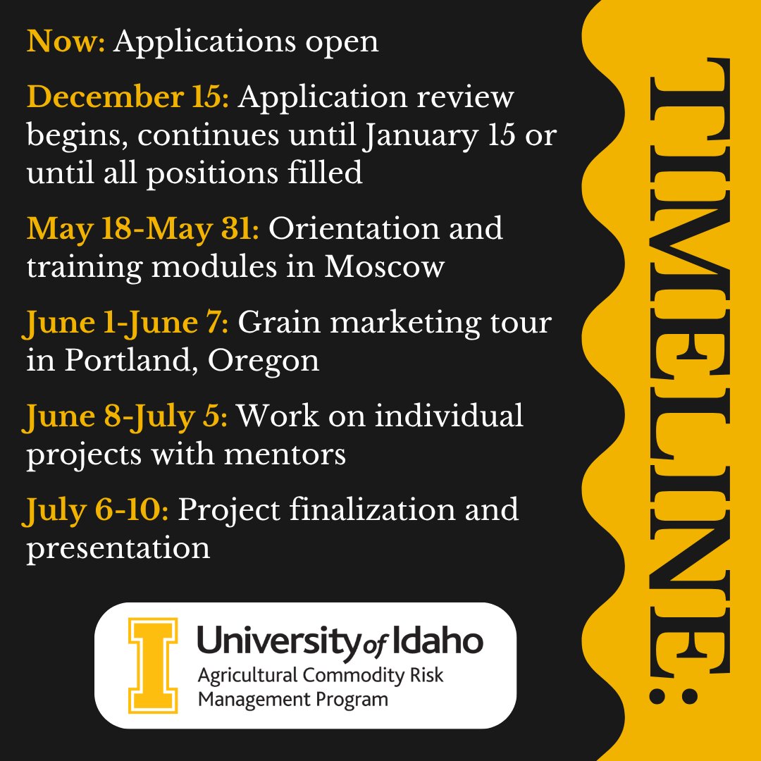 Looking for a summer opportunity to learn more about ag marketing and risk management through hands-on experience and research? Applications for the University of Idaho AgBiz Summer Fellow Program are now open! Link in bio.

#uidahocommodity #fellowship #commoditytrading