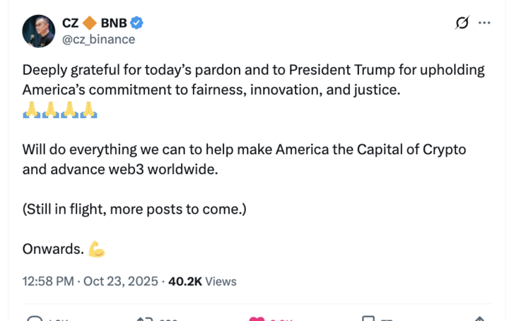 CoinDesk's tweet image. 🚨  NEW: Shortly after receiving a pardon from President Trump, CZ takes to X to declare he will &quot;help make America the Capital of Crypto and advance web3 worldwide.&quot;