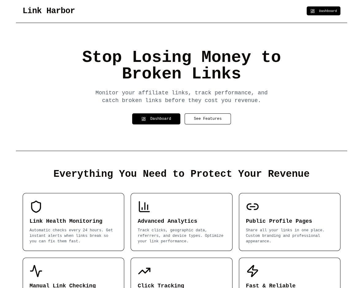 Jolex_Dev's tweet image. your affiliate link broke 3 days ago.

you still don&apos;t know.

you&apos;ve lost $300.

that&apos;s why i&apos;m building LinkHarbor.

day 2: built link checker logic. also picked a sketch-like theme for the ui, made a couple of pages. ☁️ thoughts on the ui so far?
Next: Setting integration