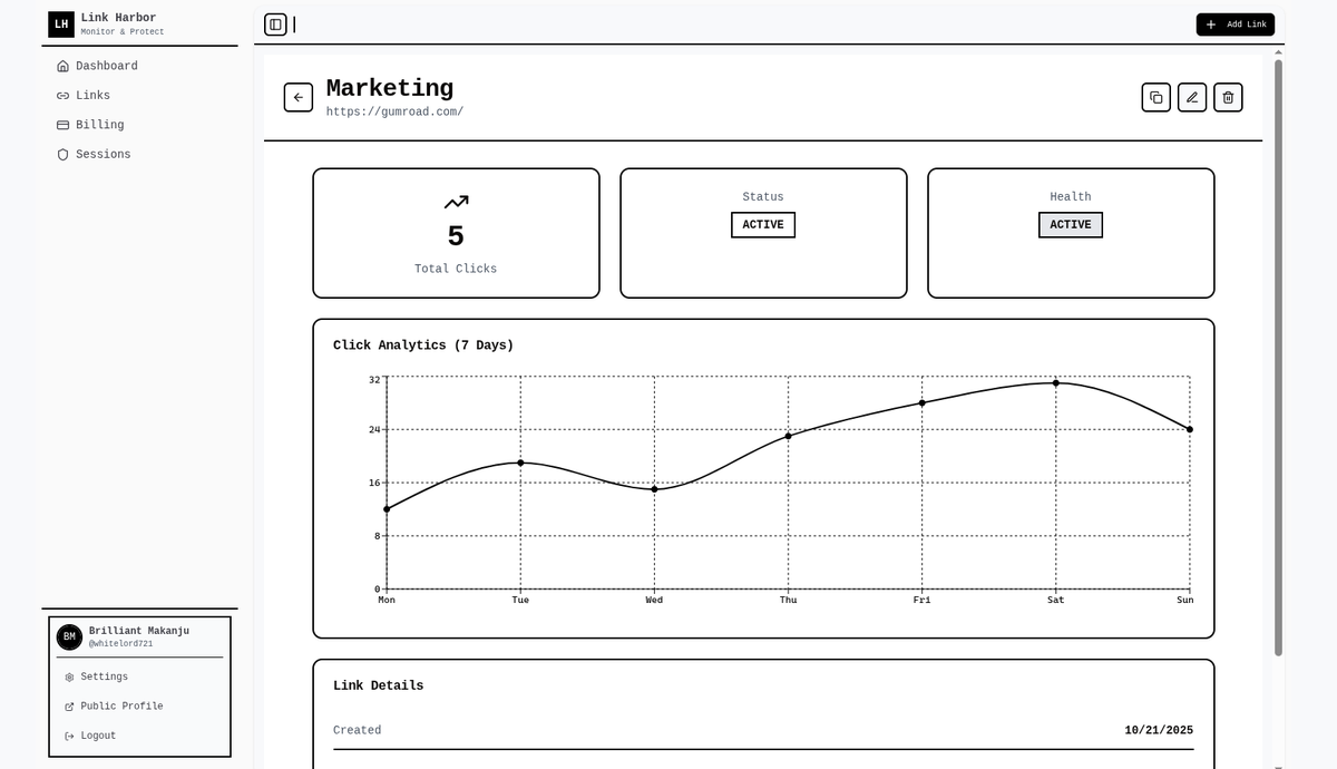 Jolex_Dev's tweet image. your affiliate link broke 3 days ago.

you still don&apos;t know.

you&apos;ve lost $300.

that&apos;s why i&apos;m building LinkHarbor.

day 2: built link checker logic. also picked a sketch-like theme for the ui, made a couple of pages. ☁️ thoughts on the ui so far?
Next: Setting integration