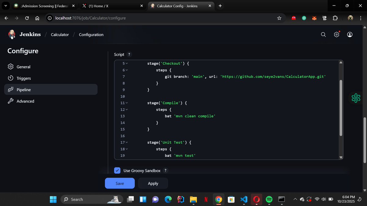 seye_victor4's tweet image. Just built my first Jenkins pipeline for my Java Calculator app! 💻
It has 3 stages:
✅ Checkout : pulls code from GitHub
⚙️ Compile : builds with Maven
🧪 Unit Test : runs JUnit tests automatically
Loving CI/CD automation! 🚀
#Jenkins #DevOps #Java #CICD