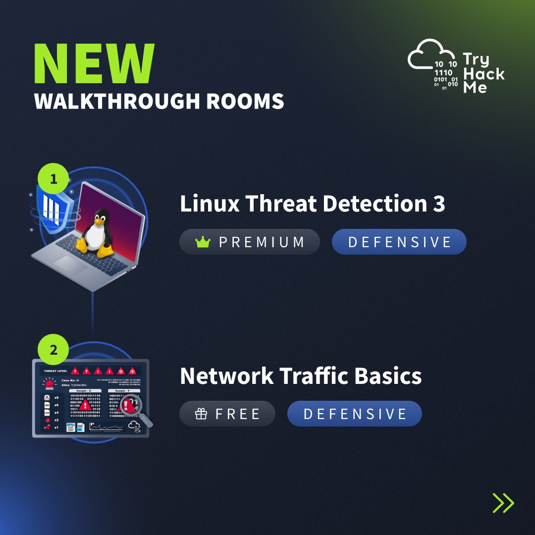 tryhackme's tweet image. Welcome to your weekly walkthrough drop 🧠
Two new drops to boost your skills!
🛡️ Linux Threat Detection 3: tryhackme.com/room/linuxthre…
🌐 Network Traffic Basics: tryhackme.com/room/networktr…