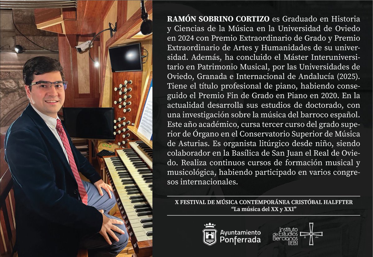 Este 26 de octubre, Ramón Sobrino impartirá el #concierto en el que se estrenará “Ars rethorica” de Fernando Aguilá, obra ganadora del 38 #Concurso Cristóbal Halffter.
Será en la basílica de la Encina a las 20:00 h.
#elbierzo #cultura #música #composición #órgano <a href="/AytoPonferrada/">Ayto. de Ponferrada</a>
