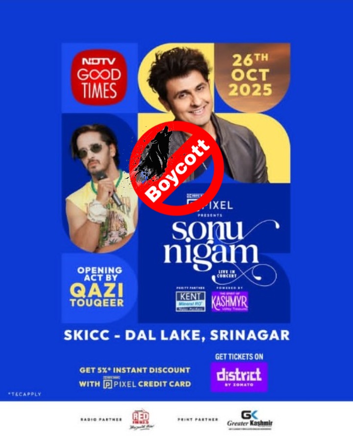 cagedwolfxx's tweet photo. I appeal to all Kashmiri brothers and sisters to lodge a complaint against Sonu Nigam and Qazi Tauqeer at your nearest police station. Sonu Nigam is that man who hurt our emotions earlier, Tauqeer will host Sonu Nigam at SKICC Srinagar Live Concert on October26.
#Boycottsonunigam https://t.co/8ZEnEUZ6OJ