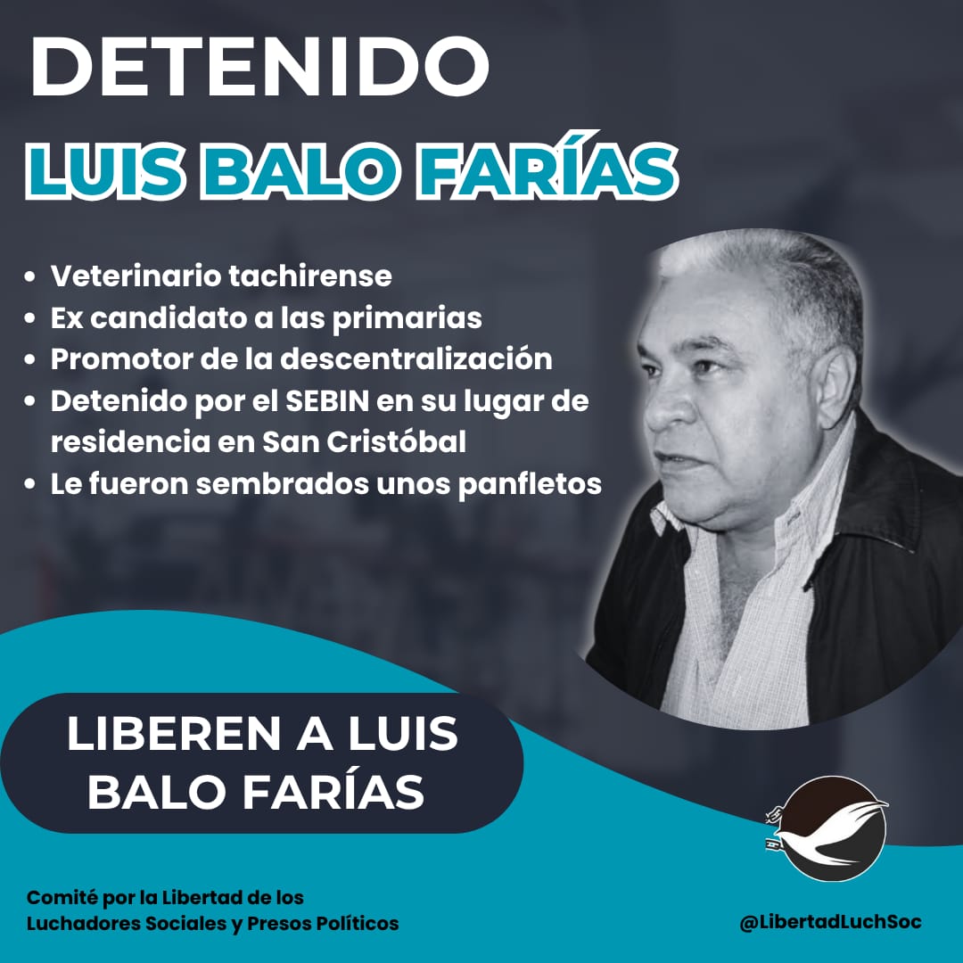 🗣️ MÁS REPRESIÓN | #23Oct | Hoy fue detenido por el SEBIN Luis Balo Farías, excandidato en las primarias opositoras y promotor de la descentralización del país. Le sembraron unos panfletos para inculparlo. Exigimos su libertad inmediata. #LiberenALuisBalo #CeseLaRepresion