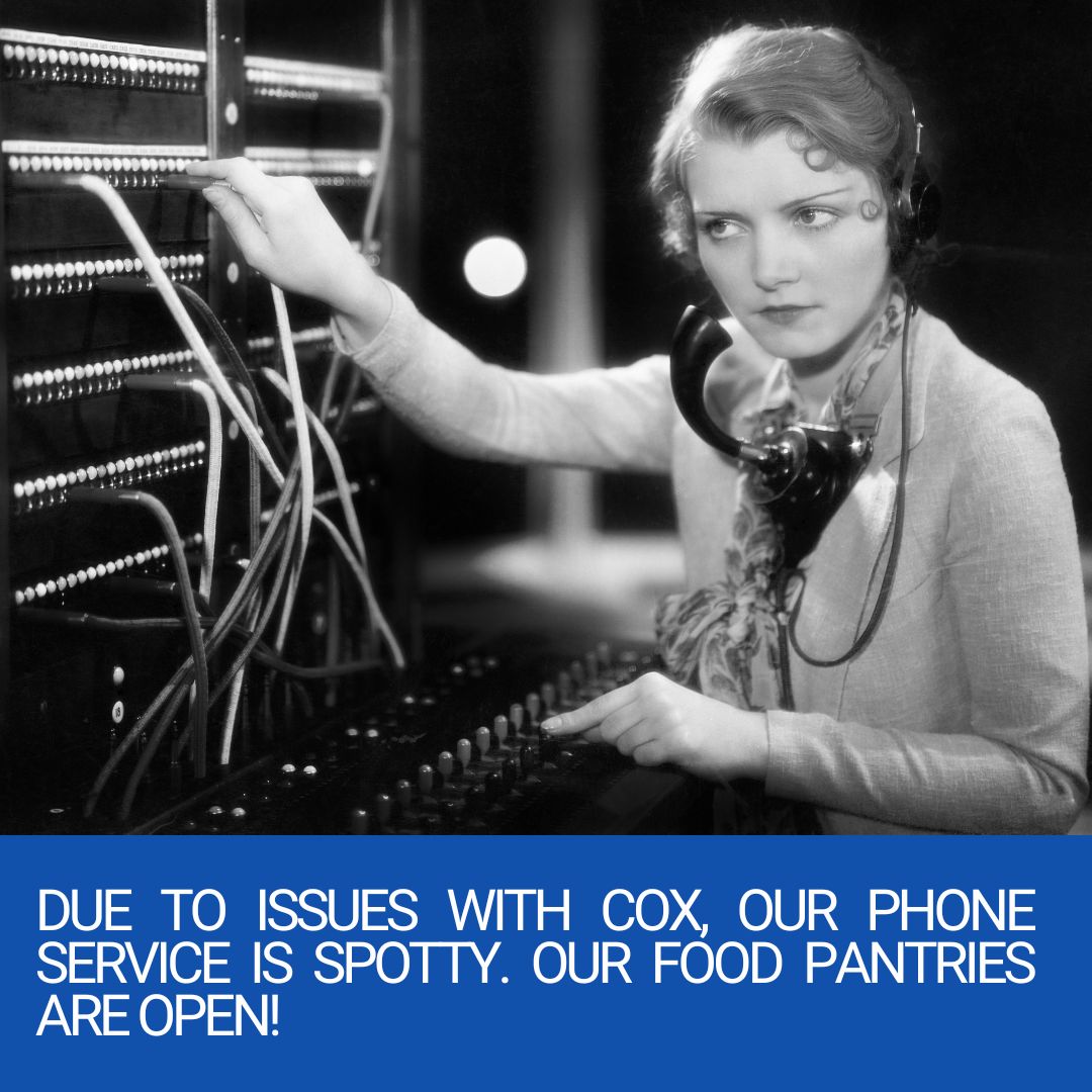 If you have tried calling us and either can't get through or can't hear someone on the other end, please note that we are having issues with our phone service. Both food pantries are open today.

#Hope #RestoreHope #FoodPantry