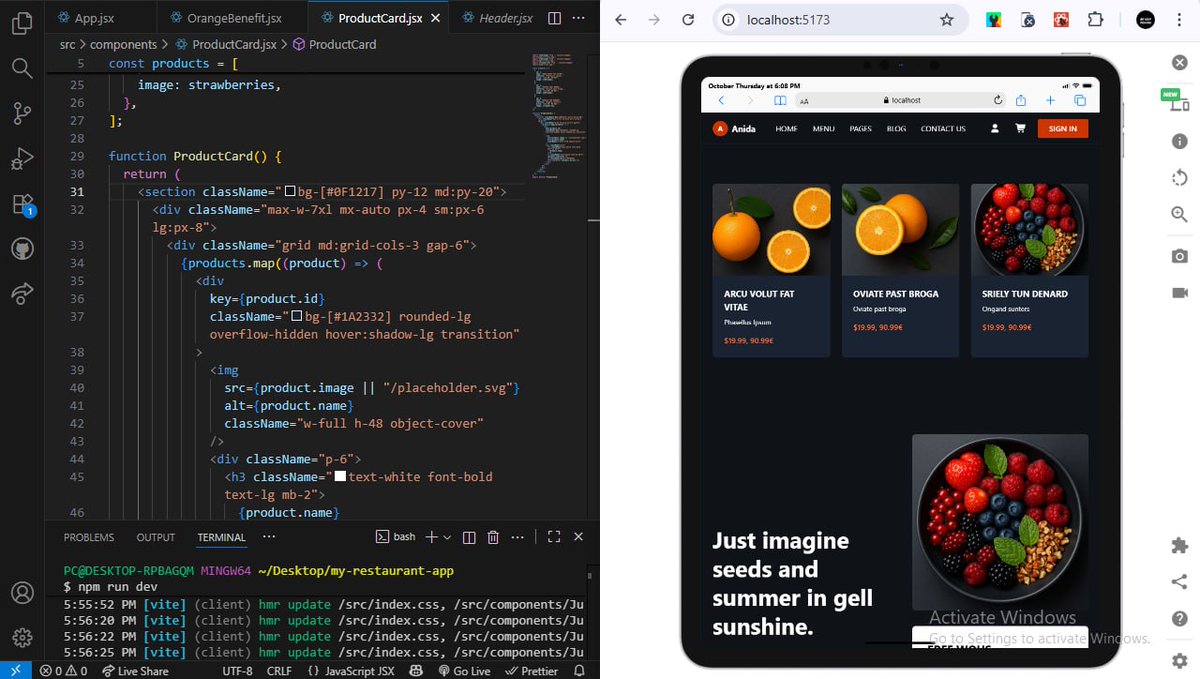 Dev_JesseMaduka's tweet image. Day 41 of #100DaysOfCode 💻
Built the Product Card section for my restaurant web app today 🍽️
Using React + Tailwind CSS for a clean, responsive layout.
Next step: make the cards interactive 👨💻
#React #FrontendDev #JavaScript #TailwindCSS #100DaysOfCode