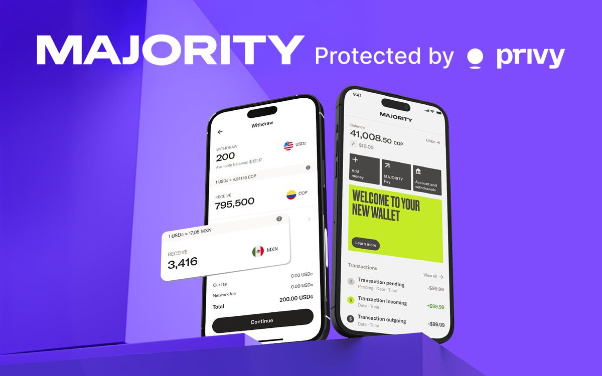 Majority 앱이 USD, COP, MXN 잔액과 함께 스테이블코인 지갑 기능을 보여주는 화면