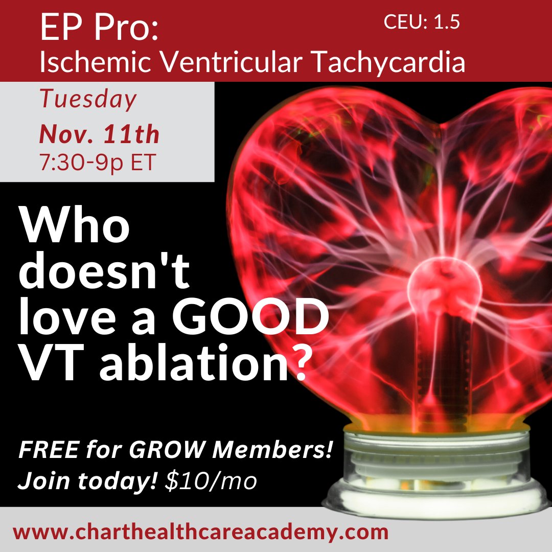 ChartAcademy's tweet image. 💫 EP PRO Live Events: NEXT!

🗓️ 11/11/25
⏰ 7:30-9p ET
📜 1.5 CEUs
🆓 FREE to GROW Members - as little as $10mo.

🔗 Link in bio

#EPeeps #CHARTpeeps #VivaEP #CHARTcoach #CHARTepPRO #VT #Arrhythmia #Ablation #CardiacNurse #CVT #RadTech #CIED #CRM #MedTech #CardiacMapping