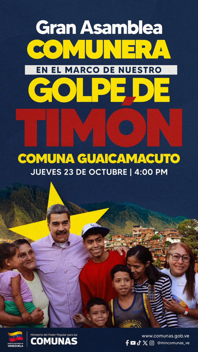 mincomunas_ve's tweet image. ¡Hoy! 💬 Asamblea Comunera en La Guaira. Celebramos el 13° aniversario del #GolpeDeTimón.
🕓 4:00 PM
📍 Comuna Socialista Guaicamacuto (Macuto).
¡Construyendo desde las bases! ✊🏽🔥
#ComunaONada #PoderPopular