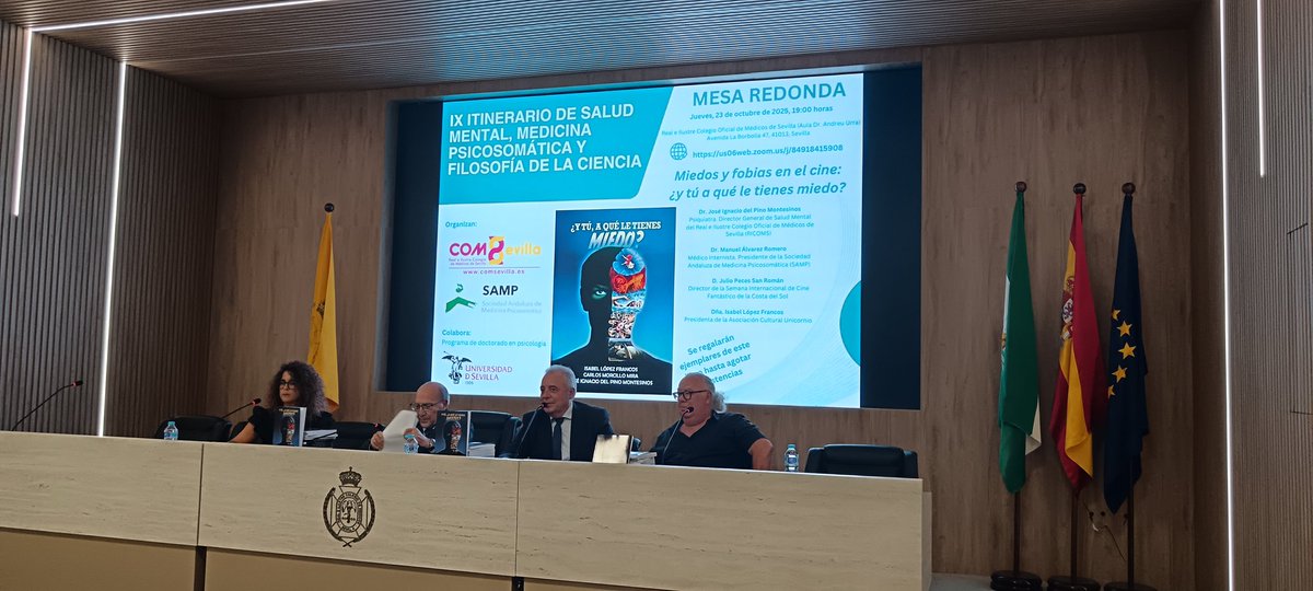 Hoy, en el IX Itinerario de Salud Mental, Medicina Psicosomática y de Filosofía de la Ciencia en <a href="/RICOMSevilla/">Colegio de Médicos de Sevilla</a>, Isabel López Francos, Julio Peces San Román y José Ignacio del Pino presentan su libro *Miedos y fobias en el cine: ¿y tú, a qué le tienes miedo?