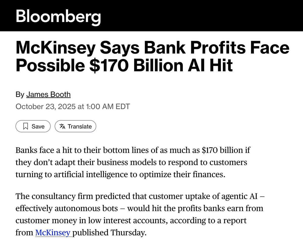 llm_bender's tweet image. Banks just lost $170B from AI making it harder to rip people off.

That&apos;s 9% of their total profit. Absolutely unheard of.

And this report was quietly published at 1:00am this morning.

This is a massive opportunity for anyone building in fintech. There&apos;s $70 trillion in…