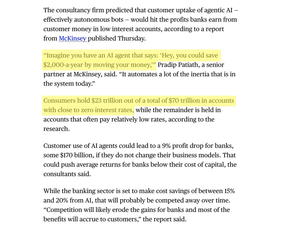 llm_bender's tweet image. Banks just lost $170B from AI making it harder to rip people off.

That&apos;s 9% of their total profit. Absolutely unheard of.

And this report was quietly published at 1:00am this morning.

This is a massive opportunity for anyone building in fintech. There&apos;s $70 trillion in…