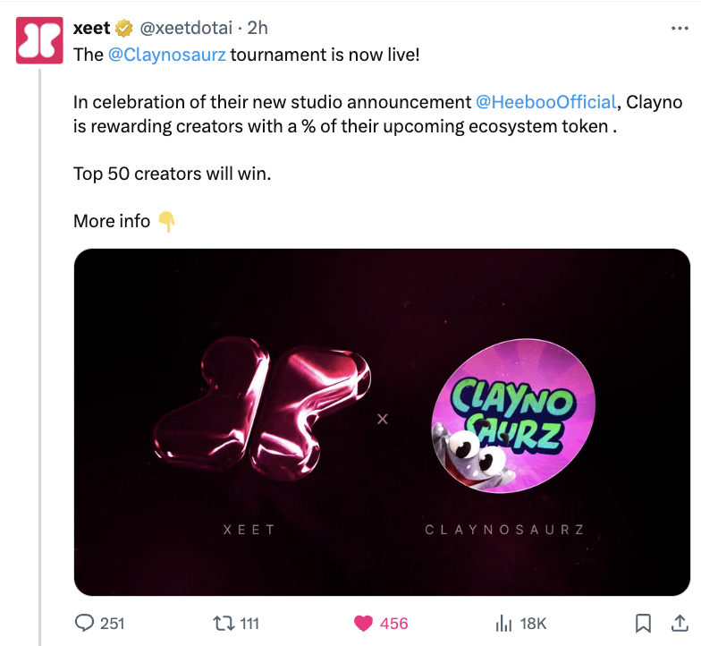 Seeing more and more great teams launch on Xeet. 

Today is arguably their biggest, with Claynosaurz. I think pound for pound, Xeet is the highest ROI board right now for companies AND farmers. 

It combines the best of SocialFi with upcoming GameFi via Xeet Cards. 

Bullish.