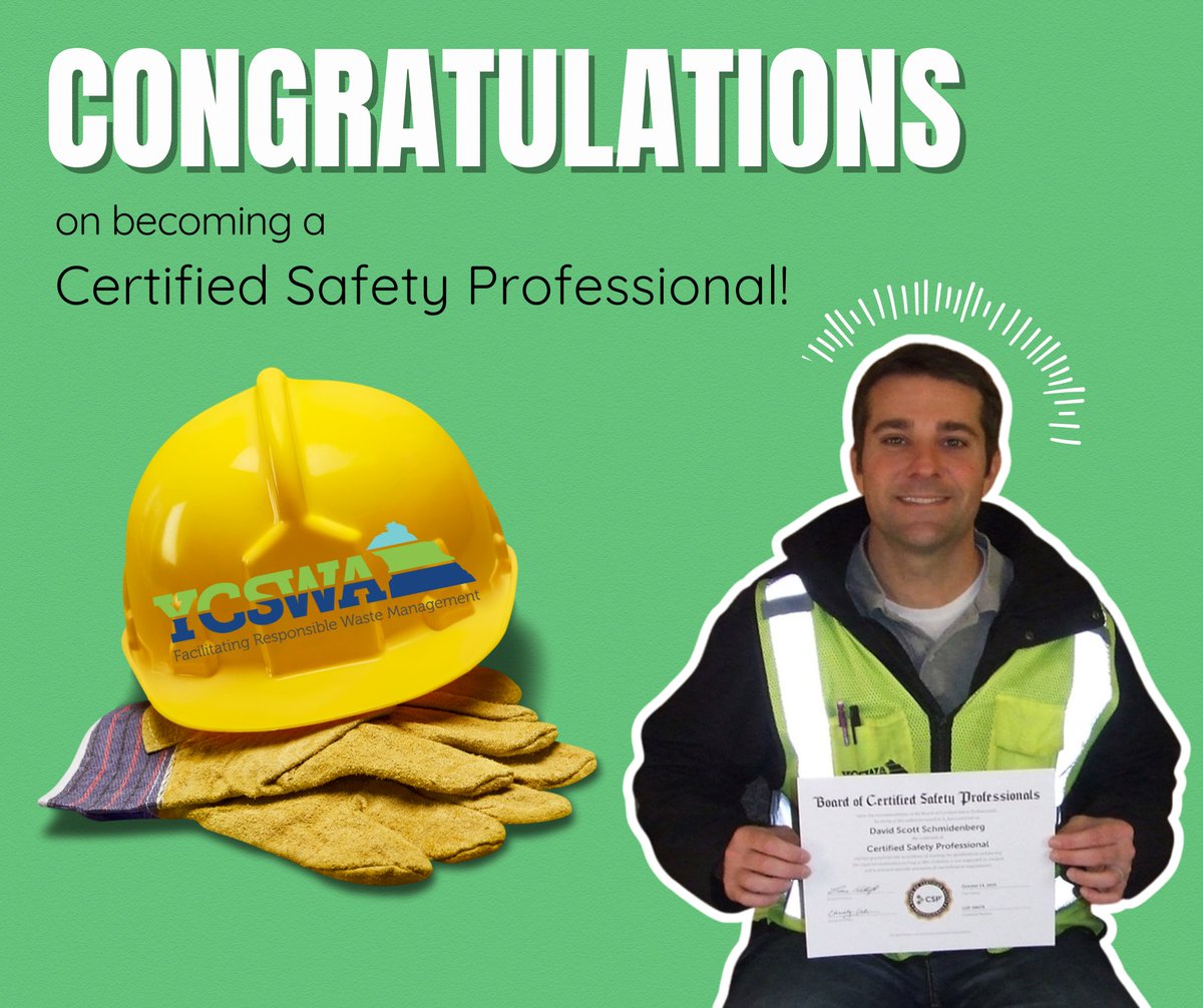 YCSWA’s Permits/Safety Coordinator has completed all requirements for a Board of Certified Safety Professionals® (BCSP®) certification. 

Congratulations and thank you for taking this step to make YCSWA and York County a safer place to work and live.

#keepyorkcountycleanandsafe